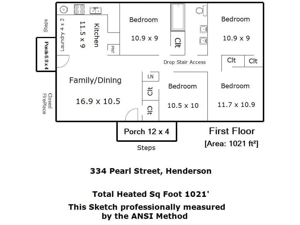 Floor plan of a single-story residential property at 334 pearl street, henderson, with a total area of 1021 square feet, featuring three bedrooms, one bathroom, a combined family and dining area, kitchen, porch, and drop stair access to the attic.