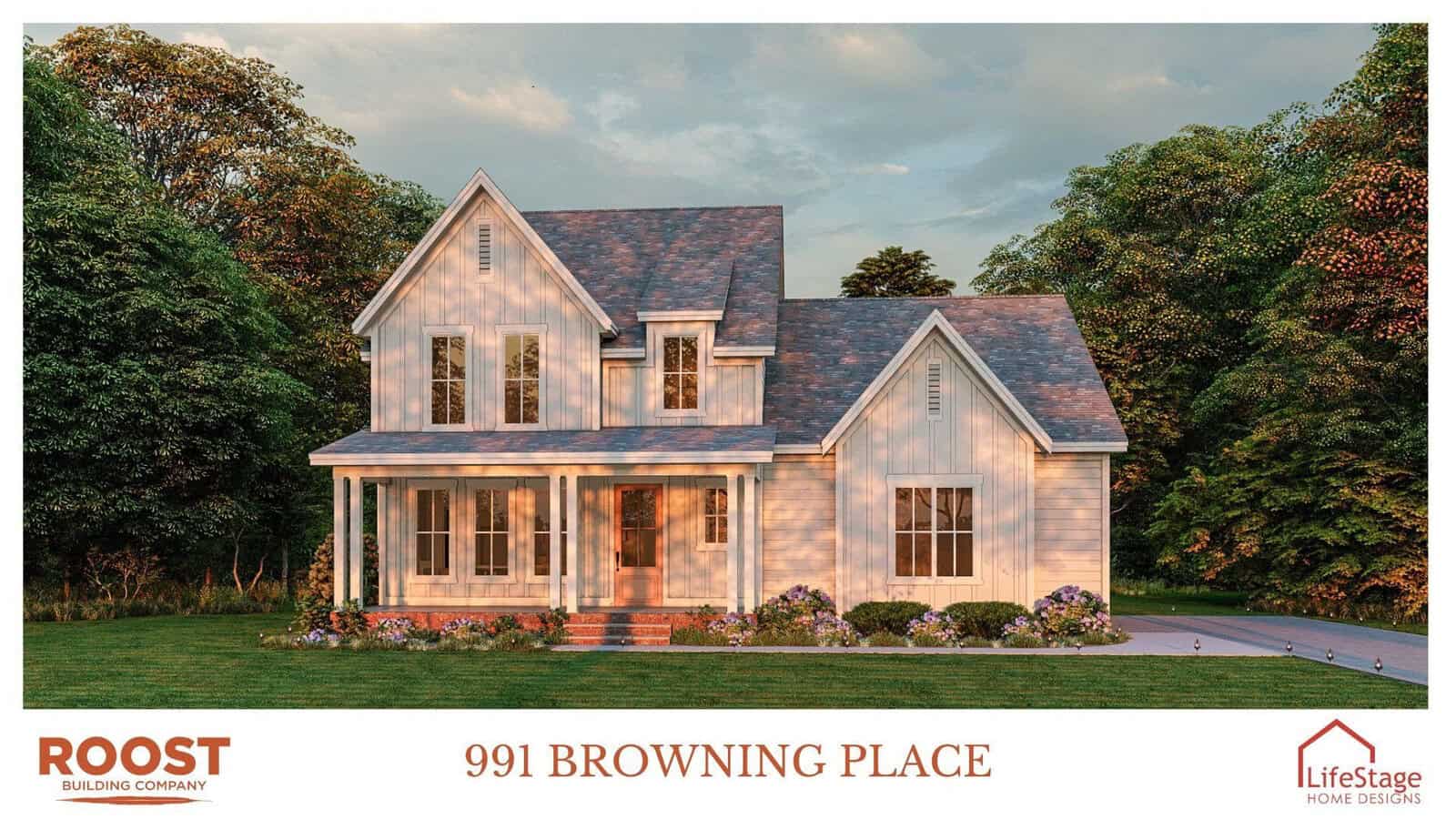 A charming two-story, white wooden house with a front porch and gabled roof nestles amid a landscaped yard in Youngsville. Flowers and shrubs enhance its appeal. Text reads "991 BROWNING PLACE" and includes company logos.