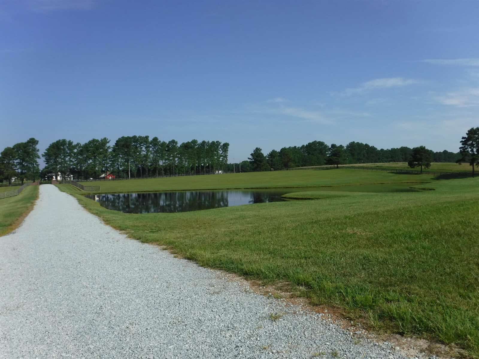 A gravel path leads to a calm pond surrounded by grassy fields. Tall trees line the horizon under a clear blue sky.