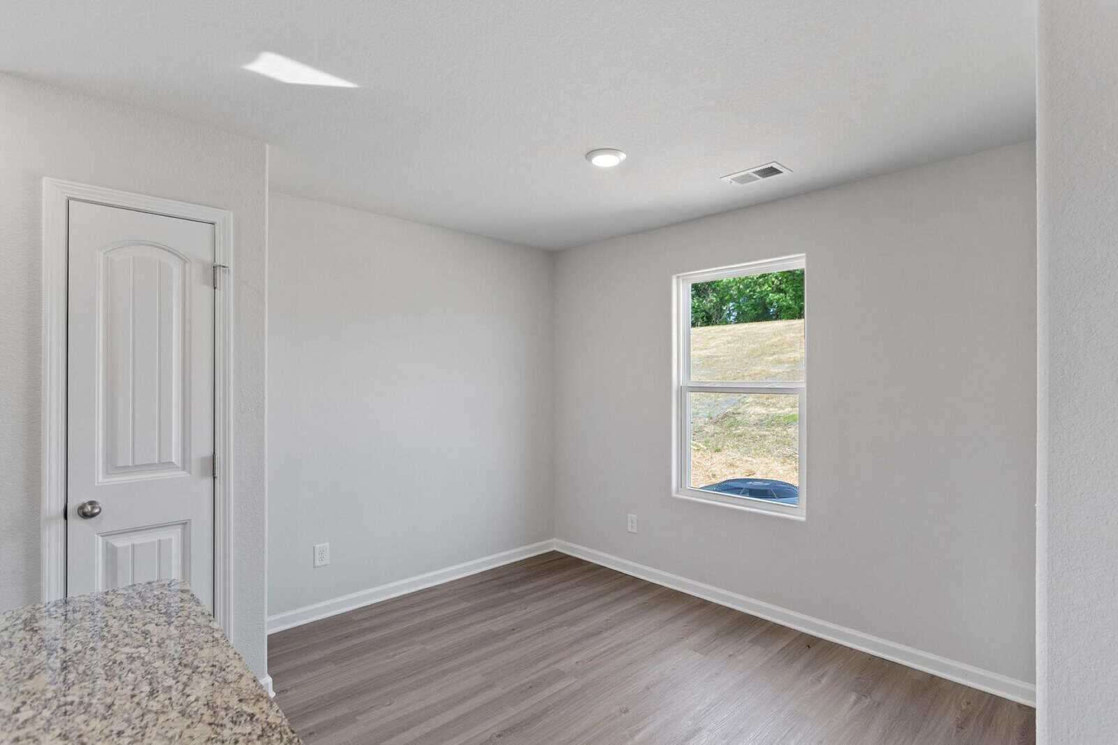 Empty room with light gray walls and wood flooring. It features a window with a view of grass and trees, and a white door. A portion of a granite countertop is visible in the left foreground. The room is well-lit by ceiling and natural light.