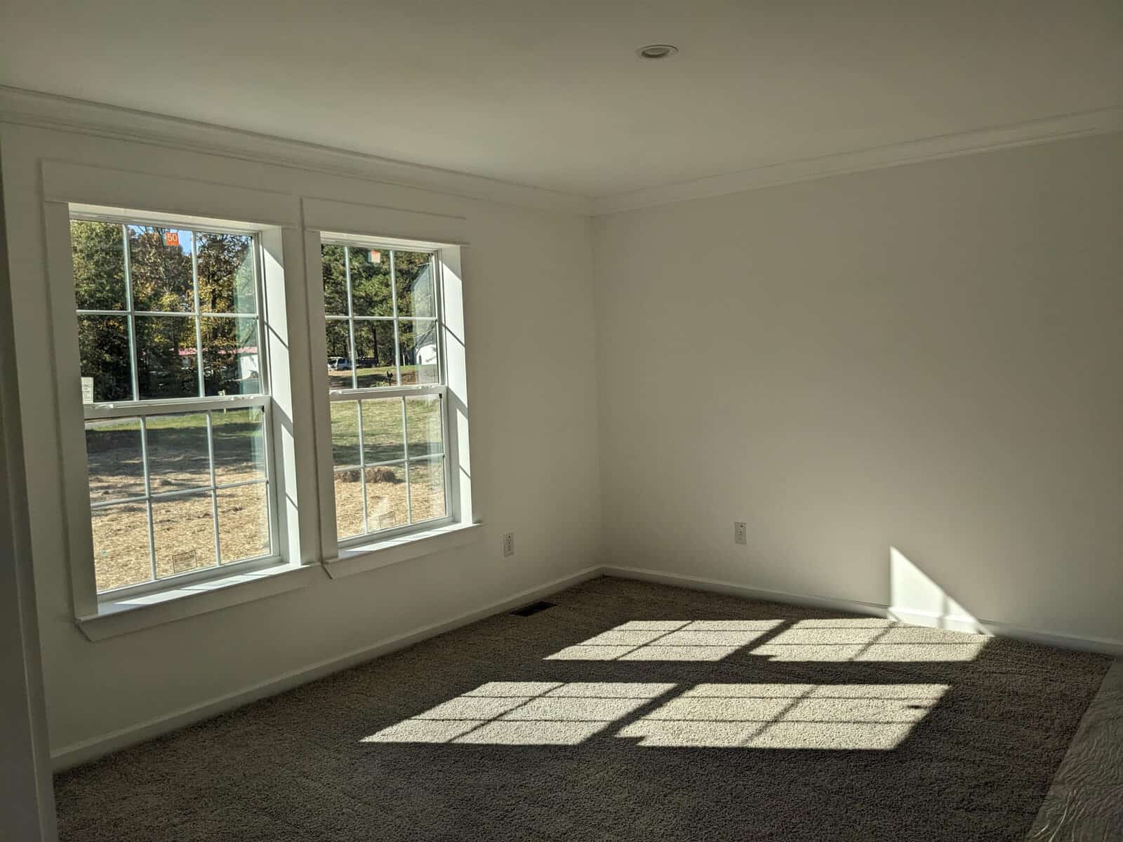 An empty room with beige carpeting, white walls, and a double window allowing sunlight to cast shadows on the floor.