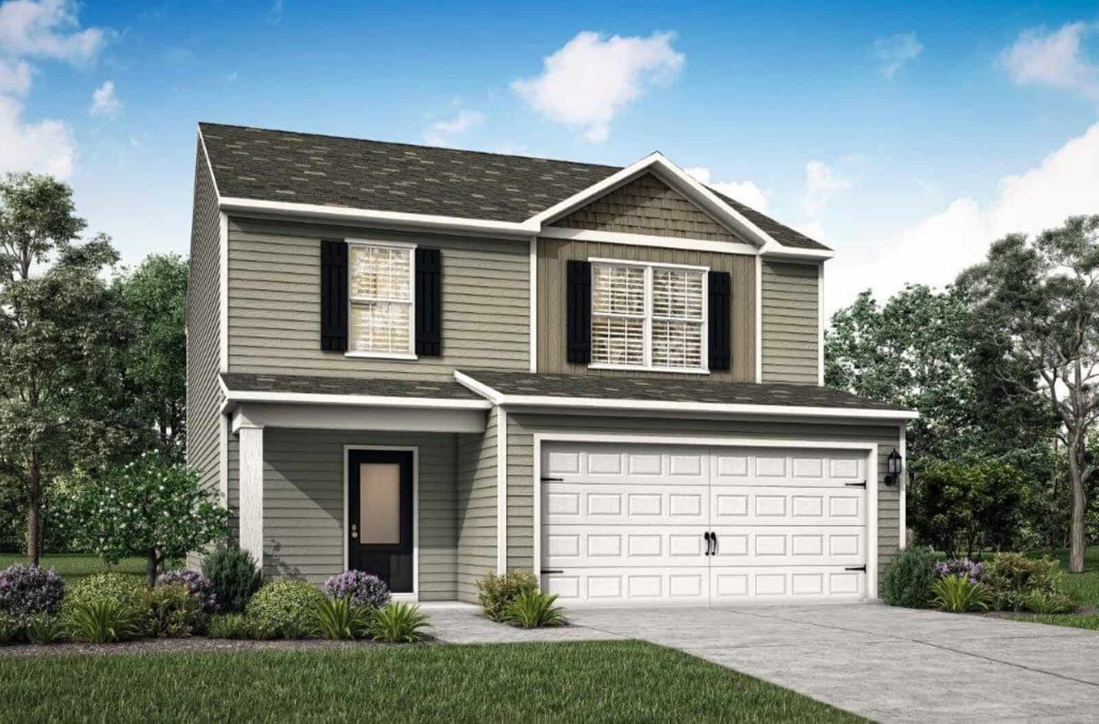 Located at 107 Hybrid Street in Oxford, this two-story house boasts gray siding and black shutters. It features a white garage door and a cozy front porch. The yard has lush green grass and shrubs, set against a blue sky dotted with clouds.