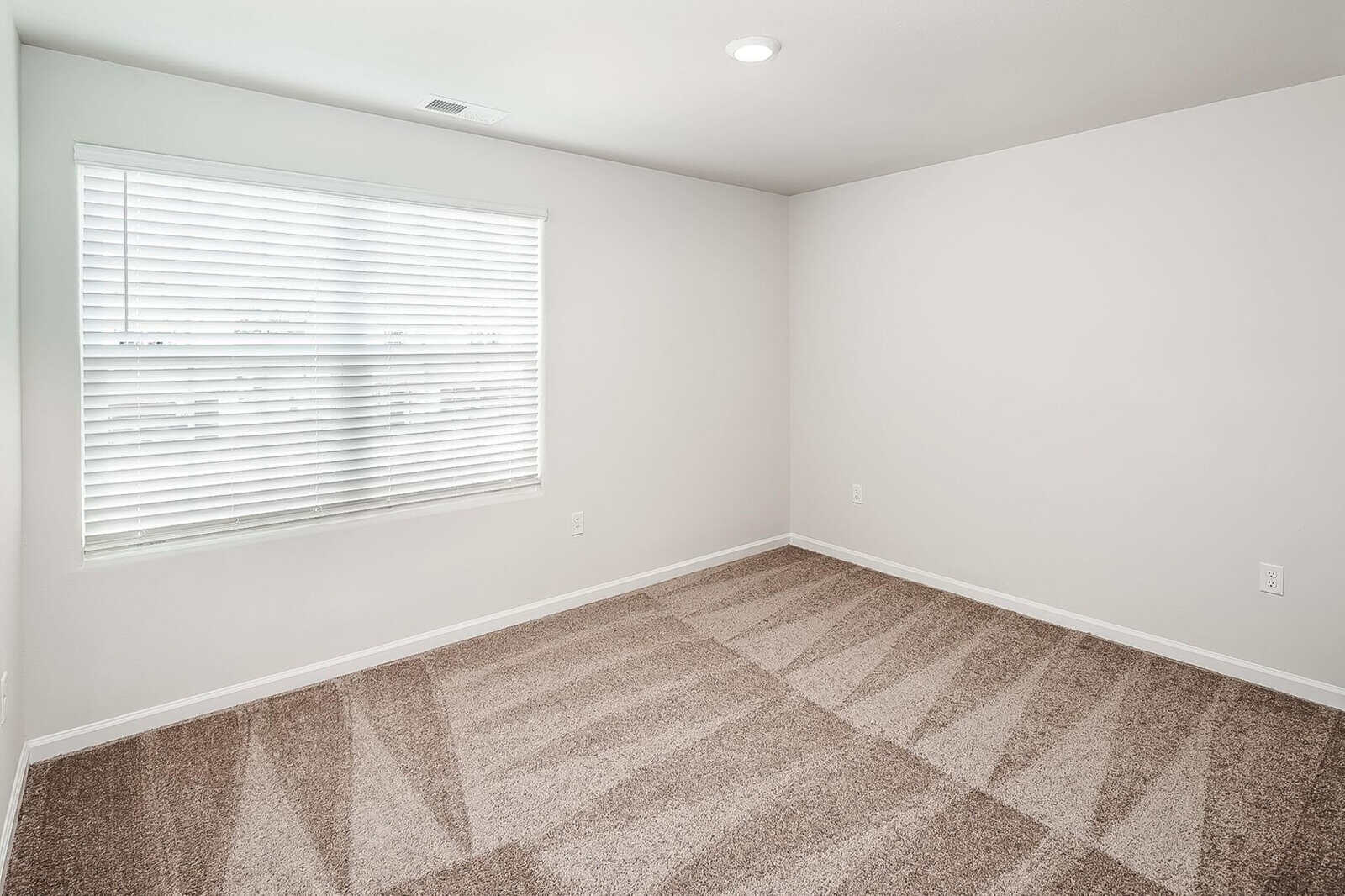A bright, empty room with freshly vacuumed carpet showing neat patterns. The walls are white, and there is a large window with closed blinds on the left, allowing soft natural light to filter in.